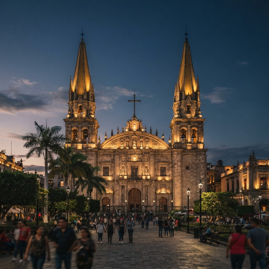 The Cathedral of Guadalajara at dusk, its twin spires lit against an evening sky