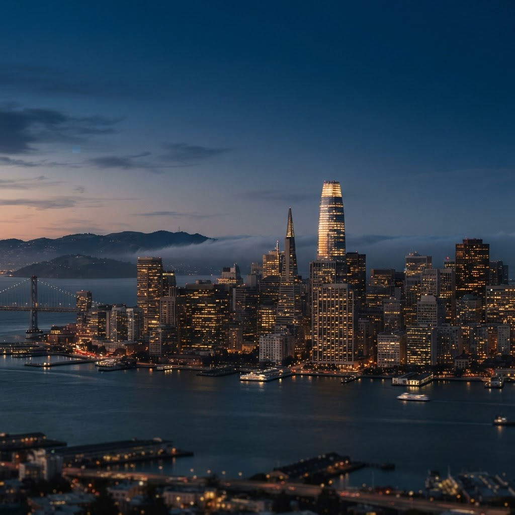 The San Francisco financial district skyline at dusk